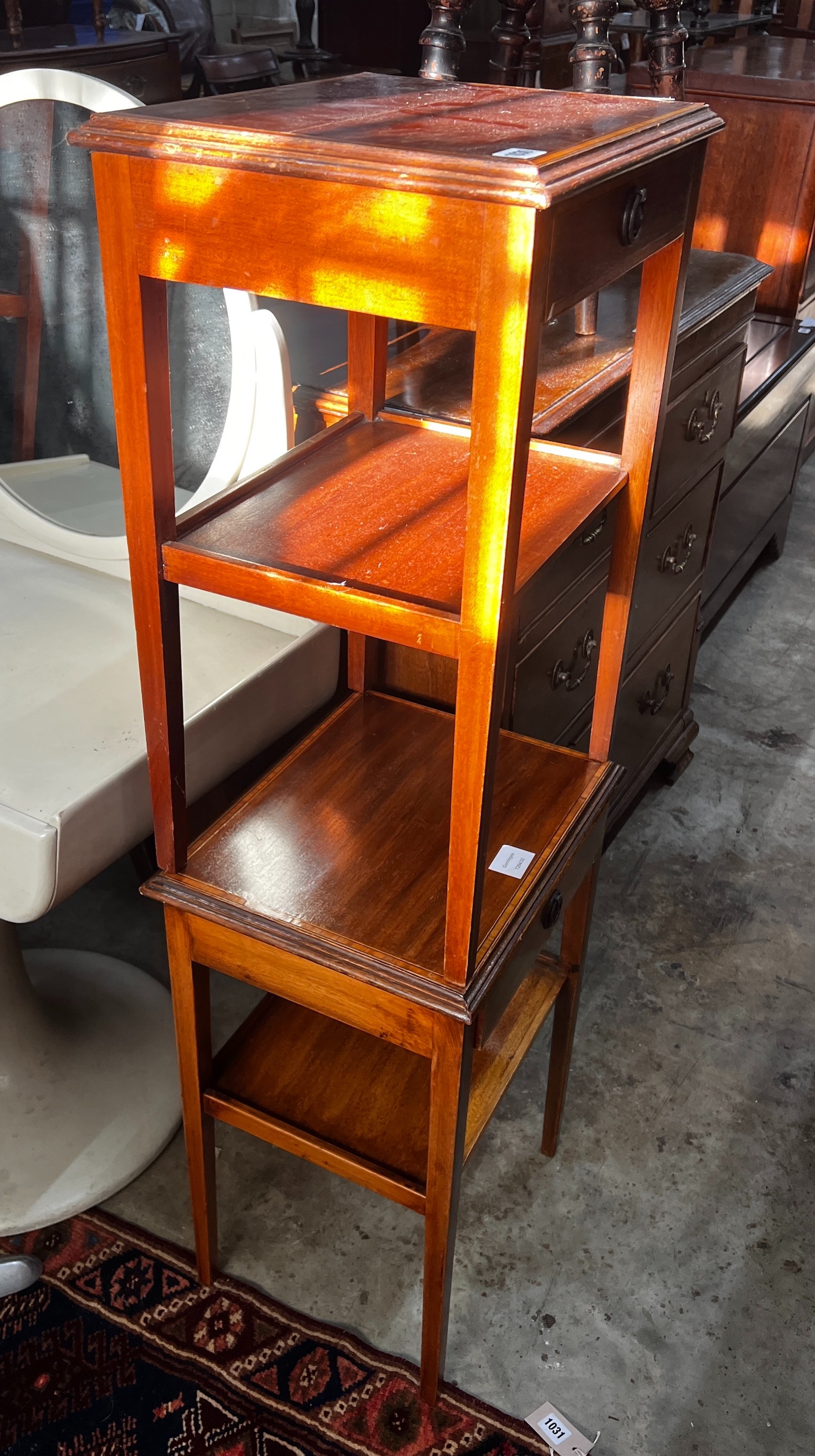 Two pairs of Edwardian style satinwood banded mahogany two tier bedside tables, width 39cm, depth 33cm, height 62cm